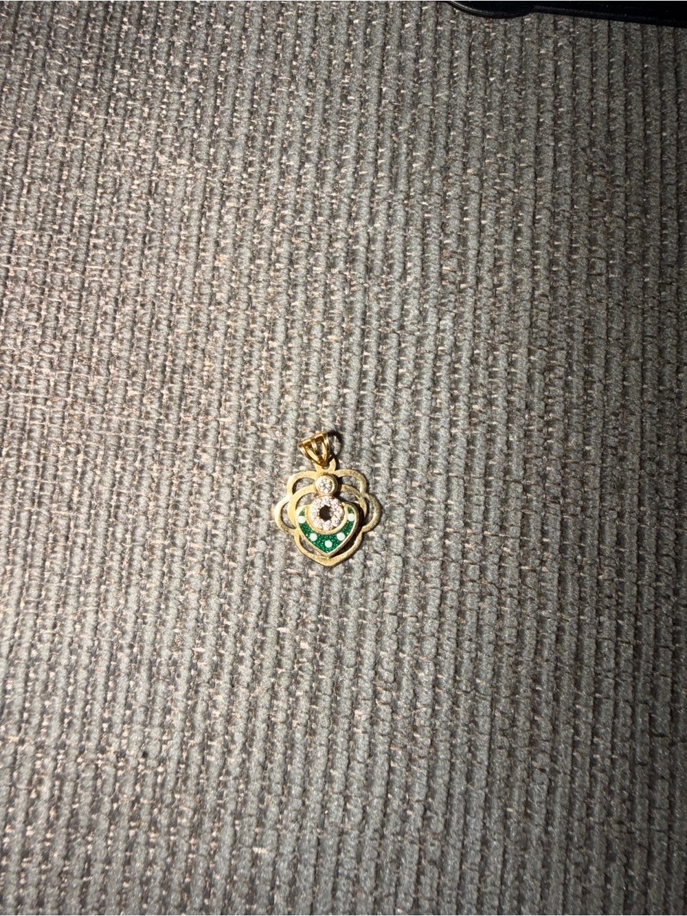18K Gold Green Enamel & Clear Stone Pendant